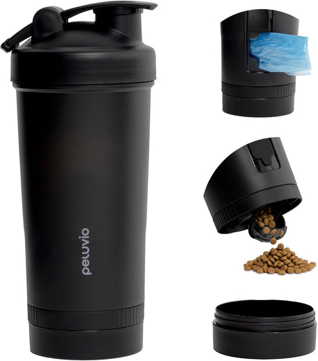 Peluvio tappy drinkfles voor kat en hond 4in1 – 450 ml water, 150 ml – voer lekvrije waterfles voor onderweg – drinkbak, snackcontainer en poepzakjeshouder – reisfles voor wandelen en reizen
