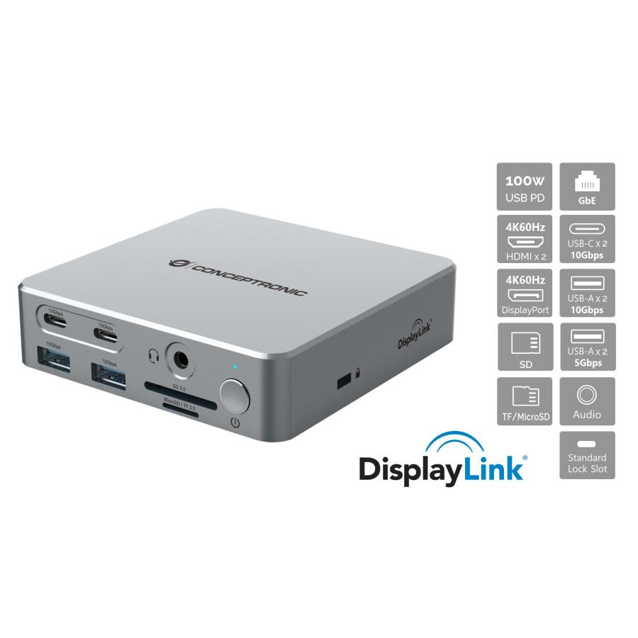 Conceptronic Donn25g 15-in-1 DisplayLink USB 3.2 Station d'accueil Gen 2, type-c 10 Gbps, USB-A X2