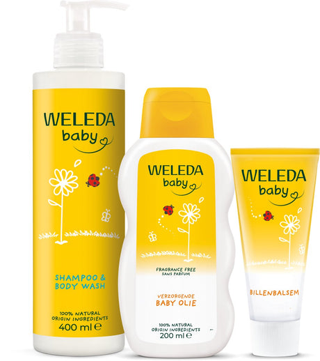 Weleda baby verzorging voordeelbundel – musthaves voor de dagelijkse babyverzorging - calendula babyshampoo body wash 400ml, calendula billenbalsem 75ml calendula verzorgende babyolie - verzorgen, verzachten beschermen van de kwetsbare babyhuid