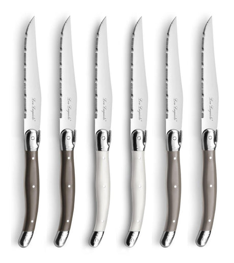 Lou laguiole - 6 steakmessen mixed bruin parelmoer en taupe - inclusief houten blok - vaatwasmachinebestendig