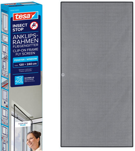 Tesa insect stop clip-on frame fly screen for windows - verstelbaar frame, glasvezelnet, zelfklevende clips, antraciet - 120 x 240 cm