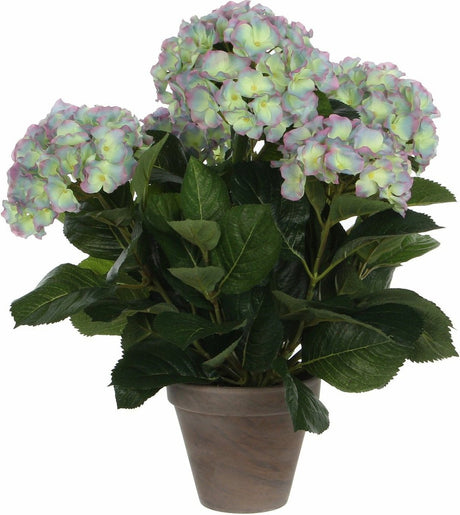 Mica decorations kunstplant hortensia - groen paars - 45 cm - in pot - kunstplanten nepplanten