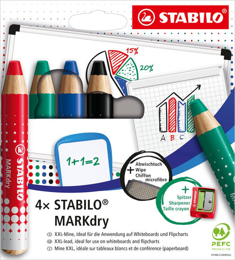 Stabilo markdry set van 4 whiteboard potloden, puntenslijper en reinigingsdoekje
