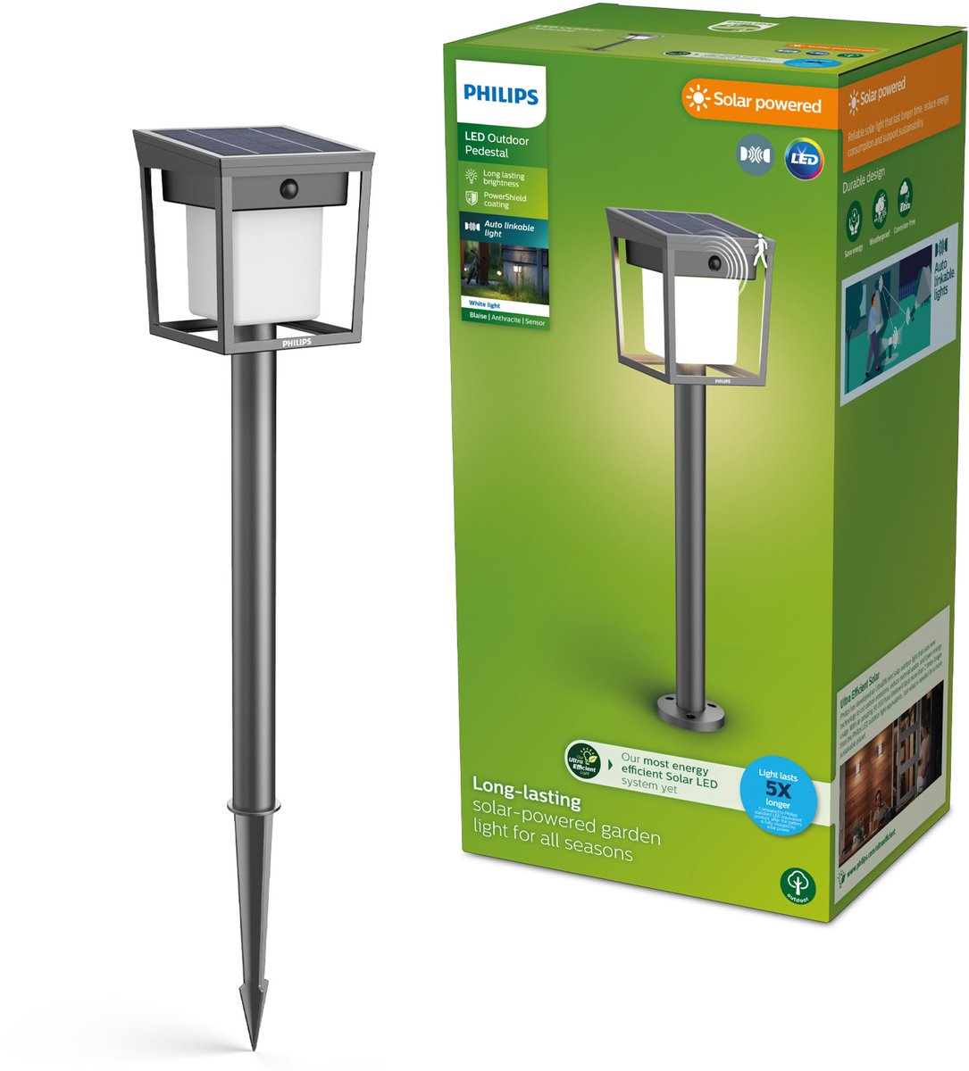 Philips led philips blaise sokkellamp - ultraefficient led - solar buitenlamp - warm, helder licht 3000k - antraciet - rechthoekig ontwerp - bewegingssensor - zonne-energie - auto-linkable