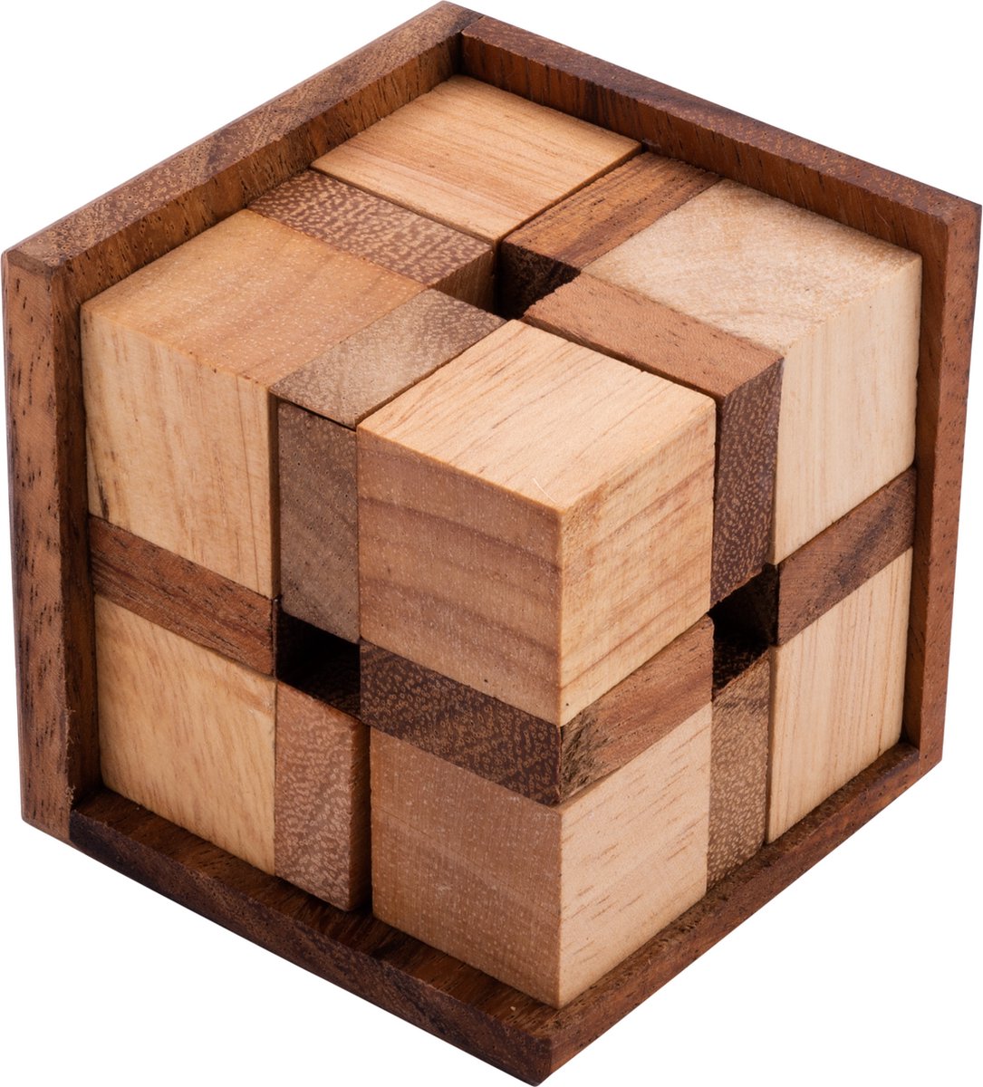 Longfield crazy cube – houten breinbreker – acaciahout – 8 stukken – dobbelsteen puzzelspel – engelhart