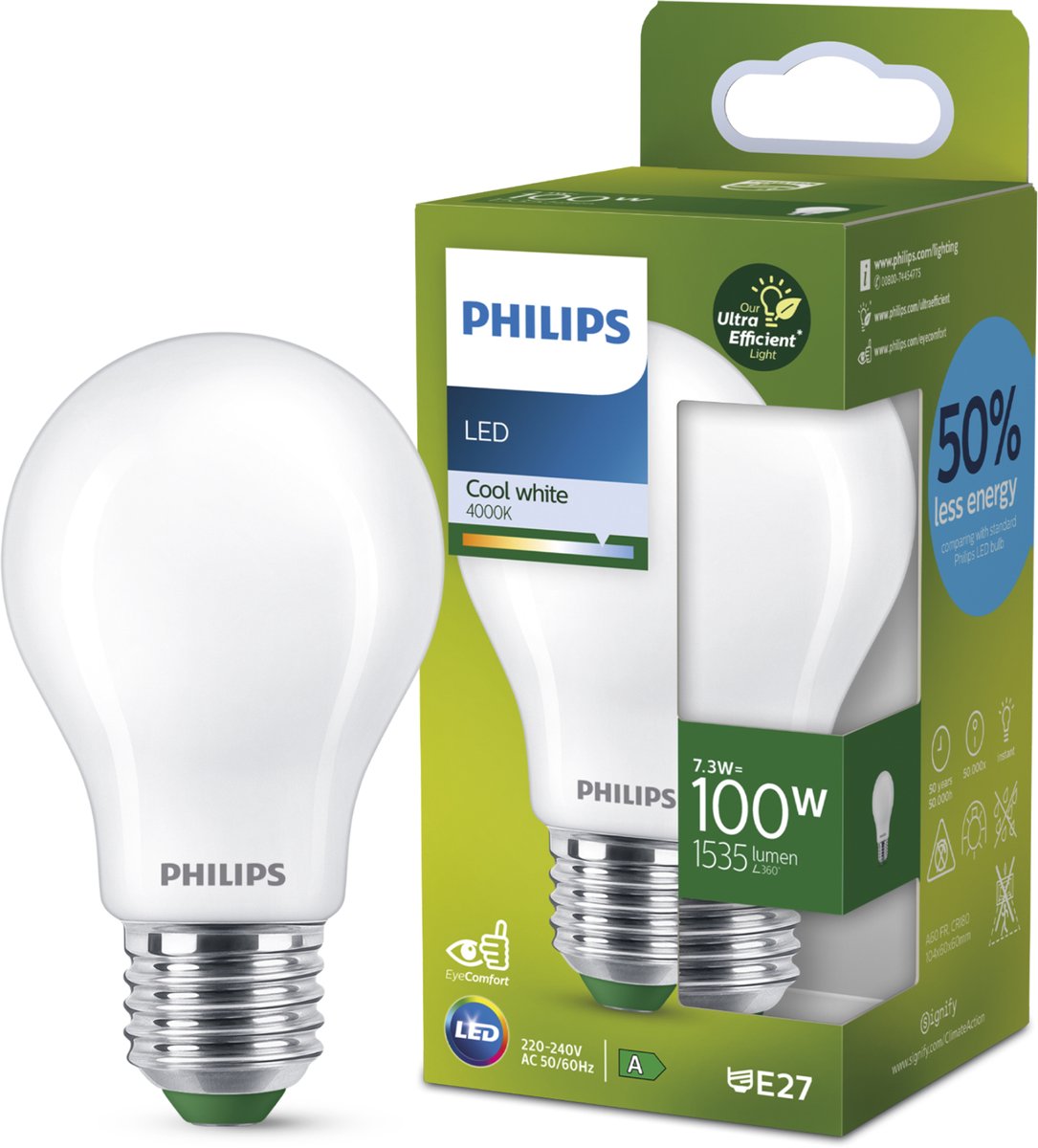 Philips led philips ultra efficient led lamp mat - 100 w - e27 - koelwit licht