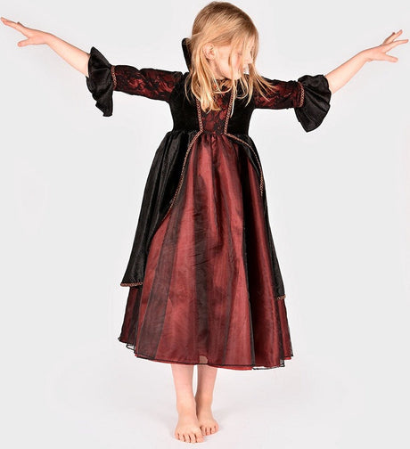 Den goda fen verkleedkledij vampier koningin - velvet, chiffon jurk - 110-116cm - 4-6 jaar - rood zwart