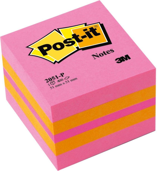Post-it â® notes, mini kubus, neon roze, oranje, ultra roze, 51 x 51 mm, 400 blaadjes kubus