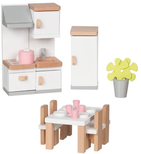 Goki poppenhuismeubeltjes: design keuken, 20-delig, 10x6,5x5cm (tafel), beukenhout en stof, 3+