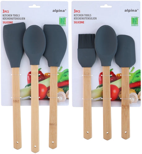 Alpina kitchen tools 2as 3pc silicone - keukengerei set van bamboe en kunststof - ophangbaar - siliconen kookgerei set - geschikt voor dagelijks keukengebruik - lichtbruin en donker grijs - 3-delig