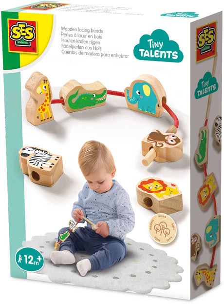 Ses creative - tiny talents - houten dierenkralen rijgen - montessori - veilig rijgkoord met hout - makkelijk voor de kleine handjes - speelgoed 1 jaar