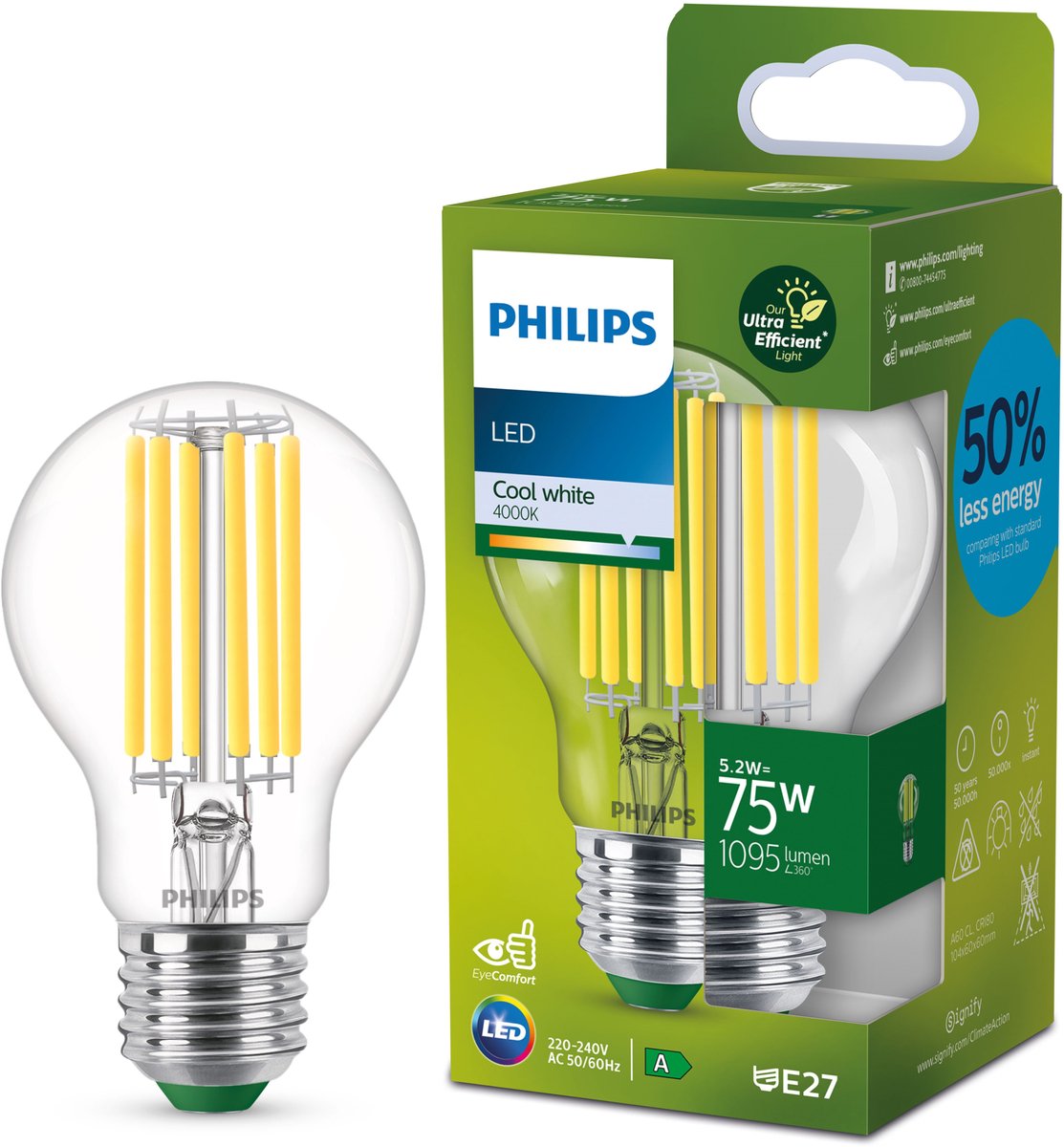 Philips led philips ultra efficient led lamp transparant - 75 w - e27 - koelwit licht