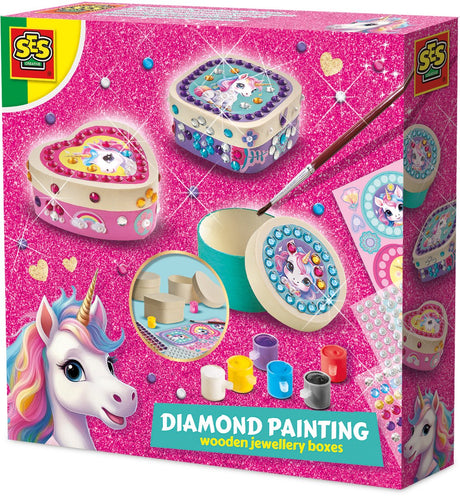 Ses creative unicorn diamond painting - houten sieradendoosjes - voor meisjes vanaf 5 jaar - 3 stuks - schoencadeautjes sinterklaas