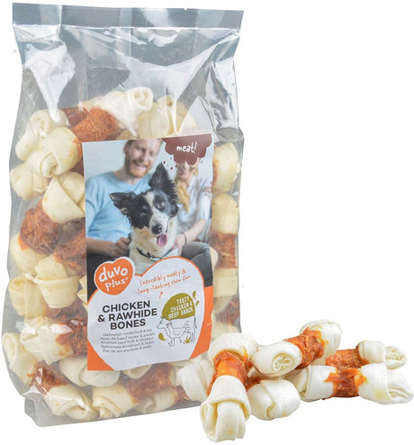 Duvo plus meat! kip runderhuid botjes - hondensnacks - kauwsnack - graanvrij hoog vleesgehalte - m - 1 kg (32 stuks)