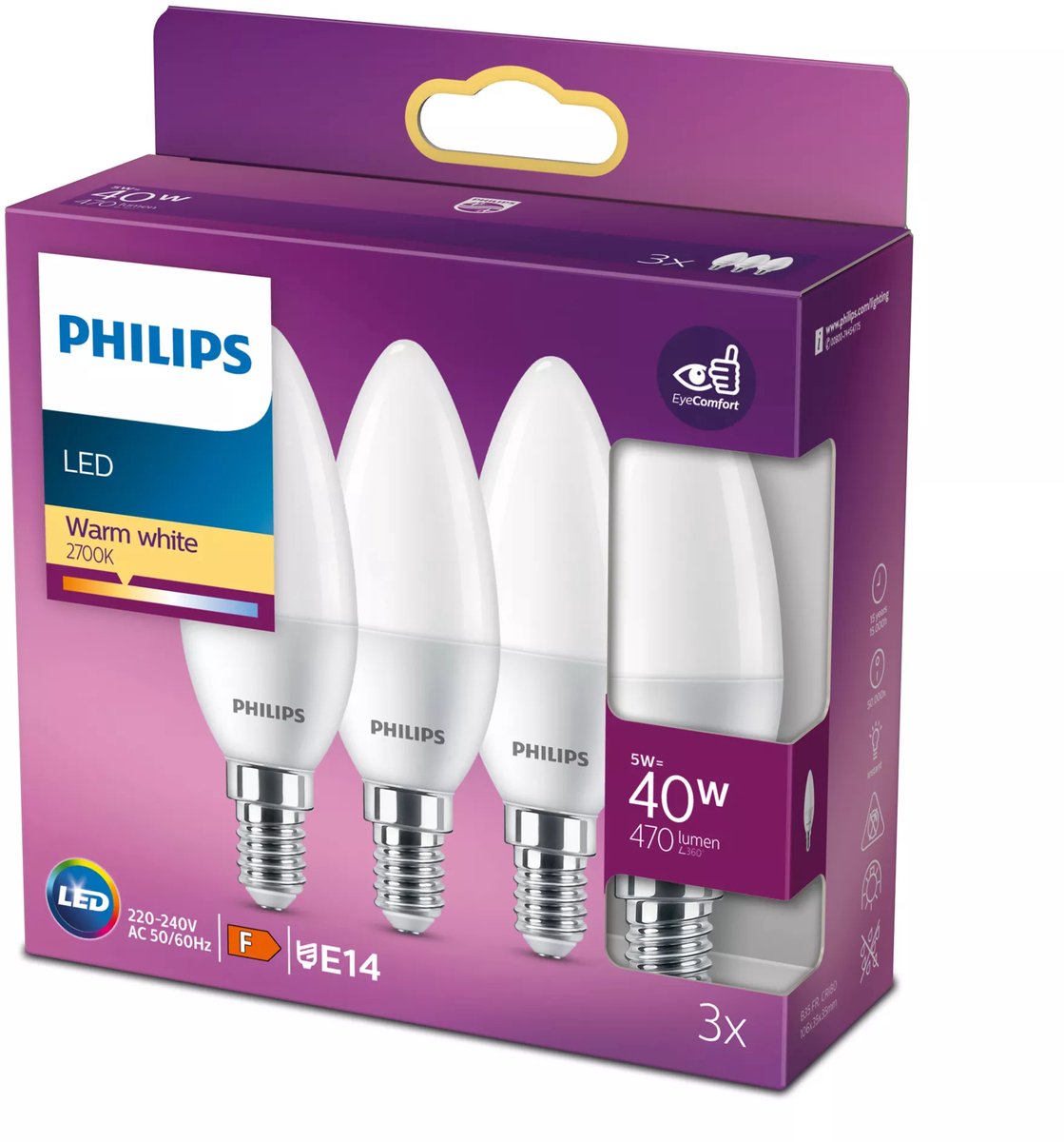 Philips led energiezuinige kaars mat - 40 w - e14 - warmwit licht - 3 stuks - bespaar op energiekosten