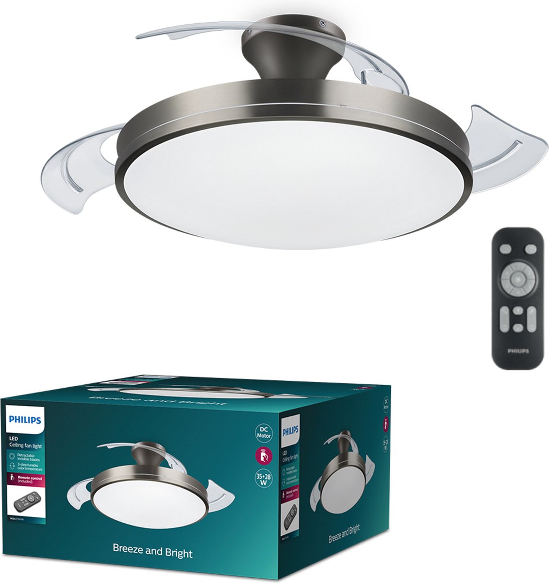 Philips led philips atlas led-plafondlamp - met ventilator - nikkel