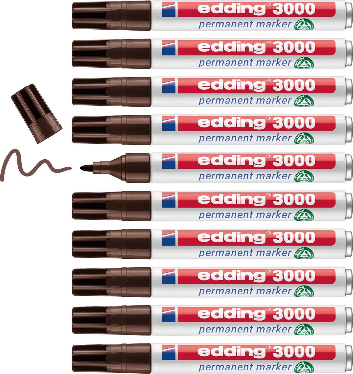 Edding 3000 permanent marker - donker-bruin - 10 stiften - ronde punt 1,5-3 mm - sneldrogende permanent marker - water- en wrijfvast - voor karton, kunststof, hout, metaal - universele marker