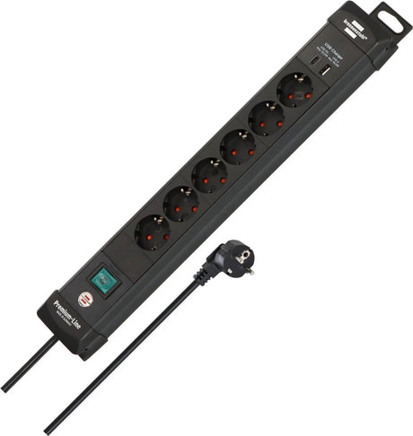Brennenstuhl premium-line stekkerdoos 6-voudig met usb c pd 30w en usb a 18w (made in germany, stekkerblok met schakelaar en 3m kabel, voor wandmontage met ophanginrichting)