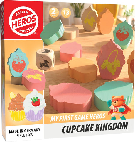 Heros cupcake kingdom – mijn eerste spel – houten geheugenspel – 13 onderdelen – zoek de juiste cupcakes – zachte kleuren – 2 tot 4 spelers – gemaakt in duitsland – vanaf 2 jaar