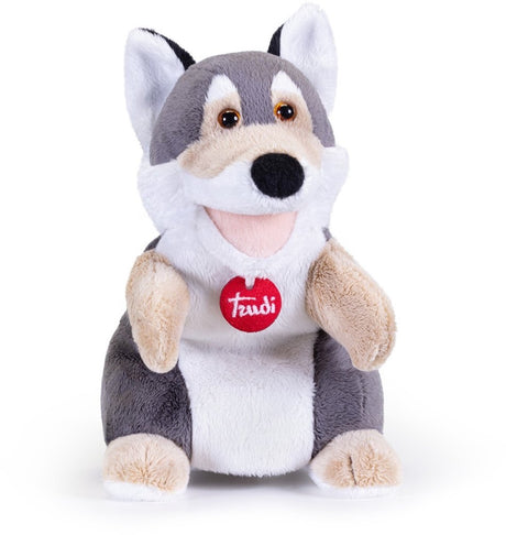 Trudi - puppets handpop wolf 16 cm - handgemaakt in italie - pluche knuffel - knuffeldier voor jongens en meisjes - grijs wit - beweegbare snuit, poten en oren