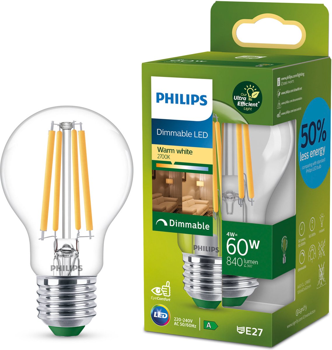 Philips led philips ultra efficient led lamp transparant - 60 w - e27 - dimbaar warmwit licht - energielabel a