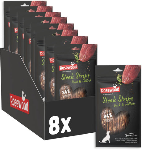 Rosewood steak strips hondensnack eend en koolvis - 63% eend - graanvrij - vetarm - 8 x 100 g