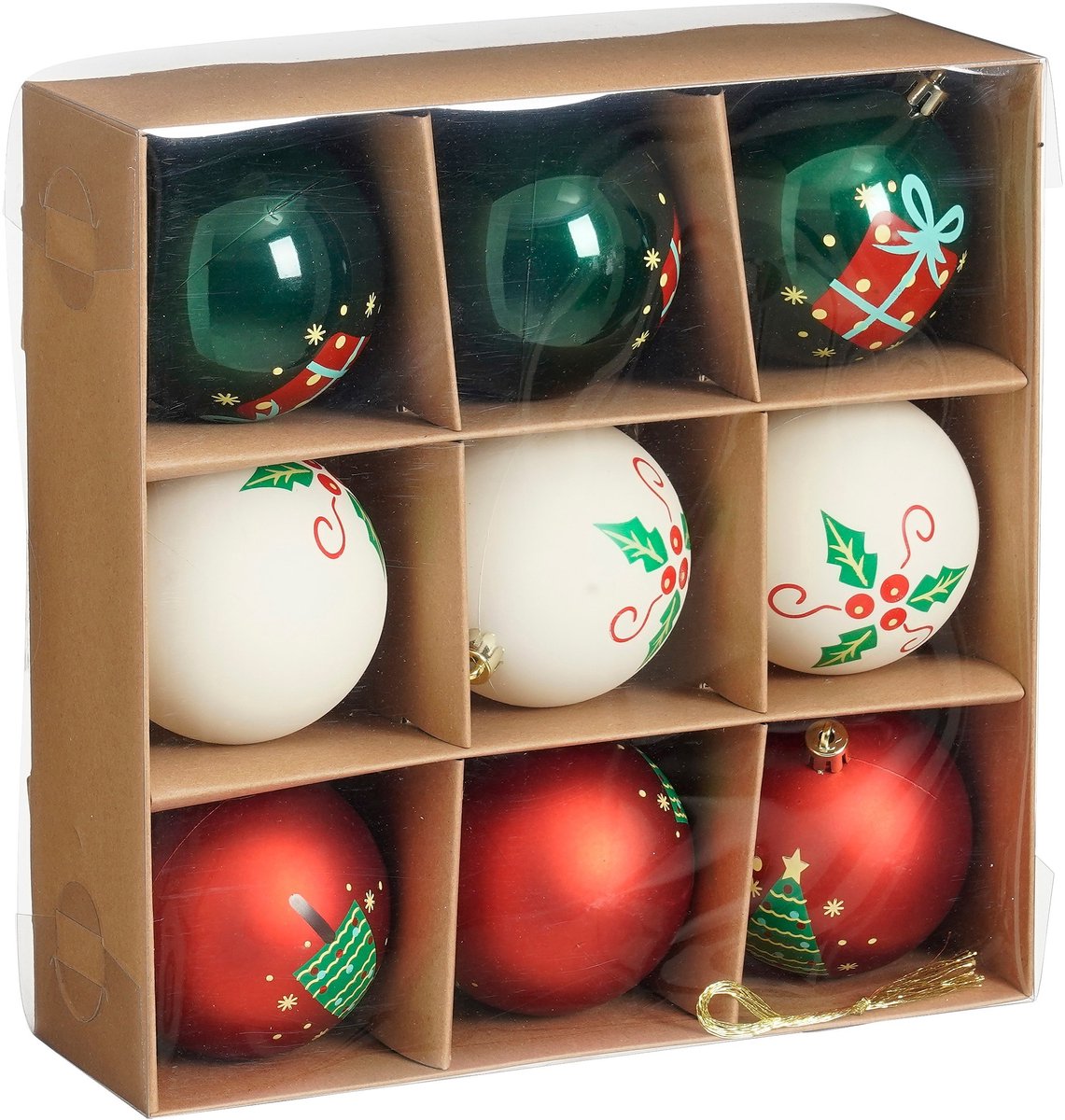 Mica decorations christmas baubles set - 9 pieces - ø8 cm - shatterproof - white, red, green