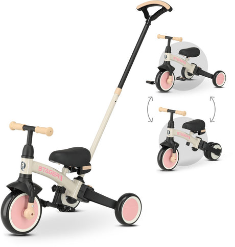 Qplay stager driewieler met duwstang - peuterfiets 3-in-1 opvouwbaar - roze