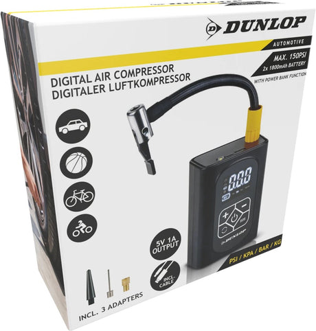 Dunlop digitale luchtcompressor 150psi – elektrische fietspomp met powerbankfunctie – compressor voor auto en fietsbanden – bandenpomp usb oplaadbaar – met 3 adapters en led verlichting
