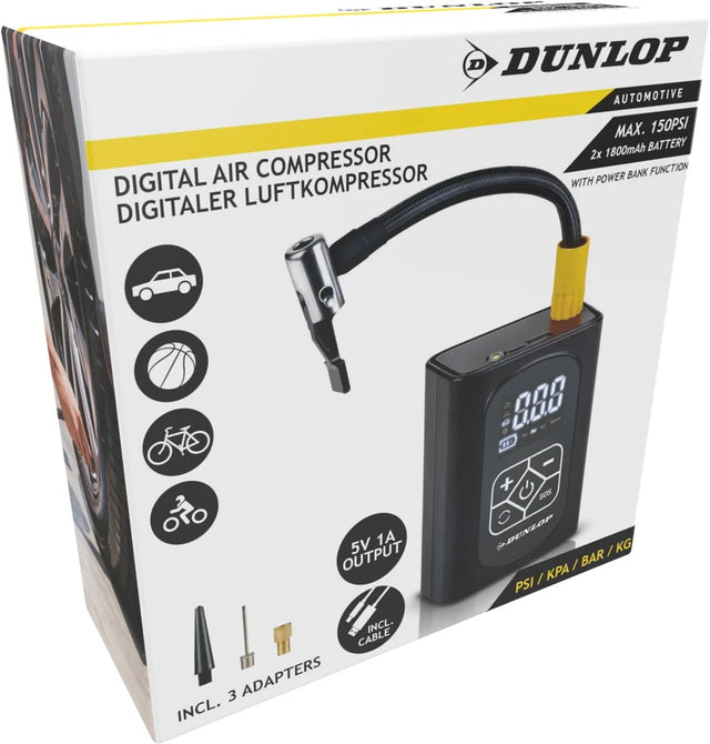 Dunlop digitale luchtcompressor 150psi – elektrische fietspomp met powerbankfunctie – compressor voor auto en fietsbanden – bandenpomp usb oplaadbaar – met 3 adapters en led verlichting