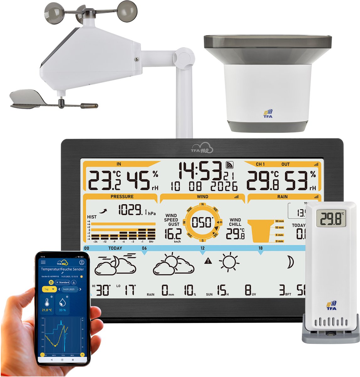 Tfa dostmann tfa.me id-05 35.8106.01 wifi-weerstation verwachting voor 4 dagen aantal sensoren max.: 50