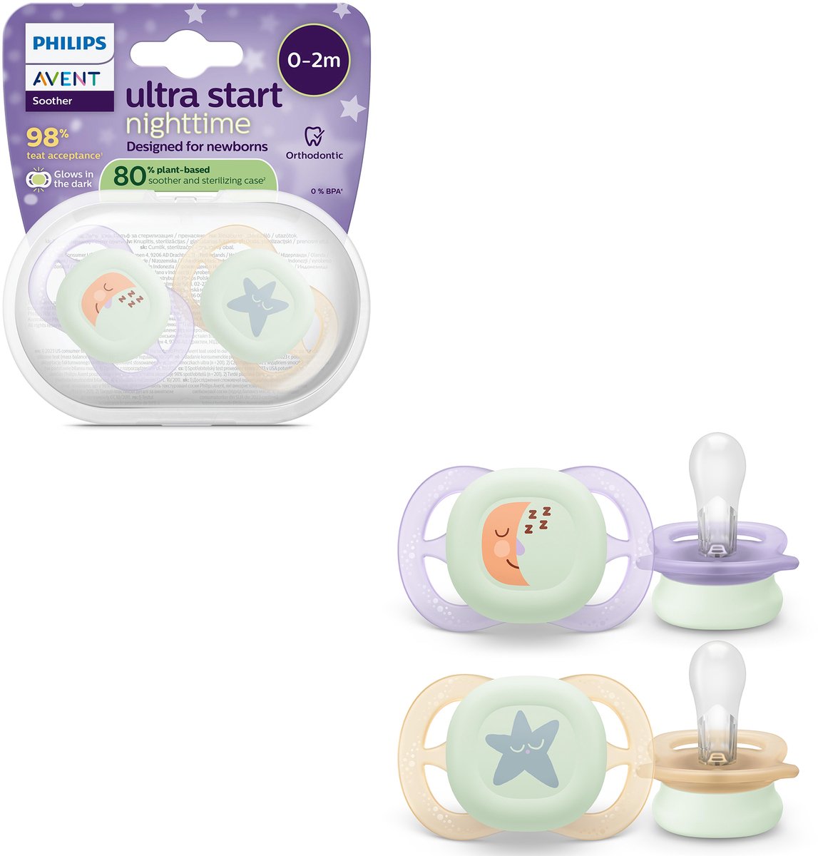 Philips avent ultra start night – glow-in-the-dark siliconen fopspeen – 0-2 mnd – 2 stuks - scf075 17