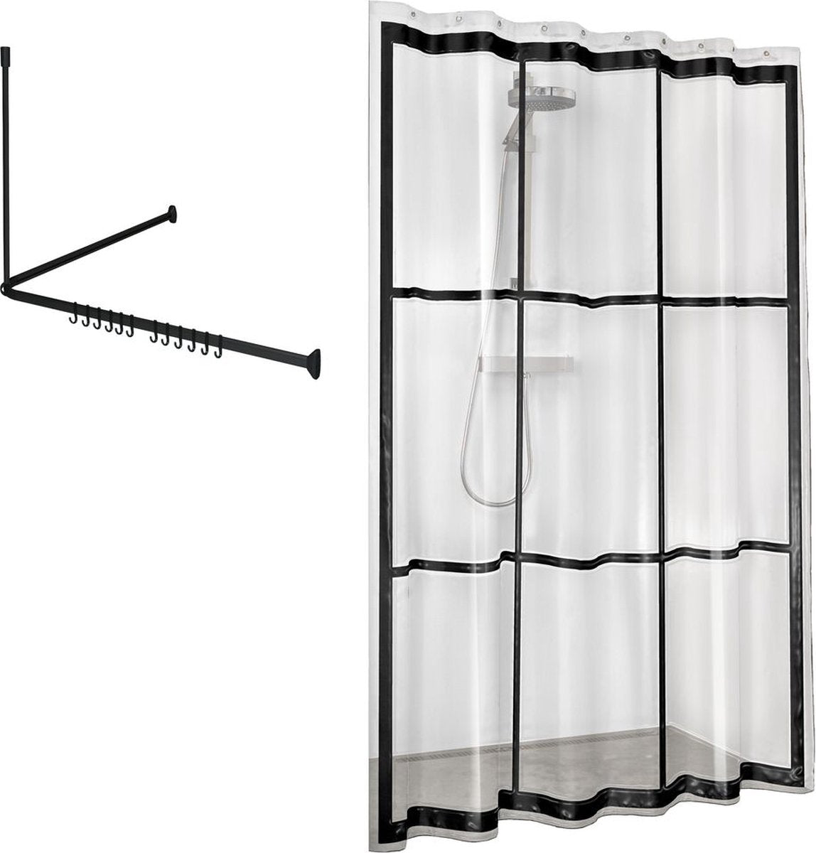 Sealskin easy roll - douchegordijnstangset 90x90x90 cm met douchegordijn 180x200 cm - zwart transparant