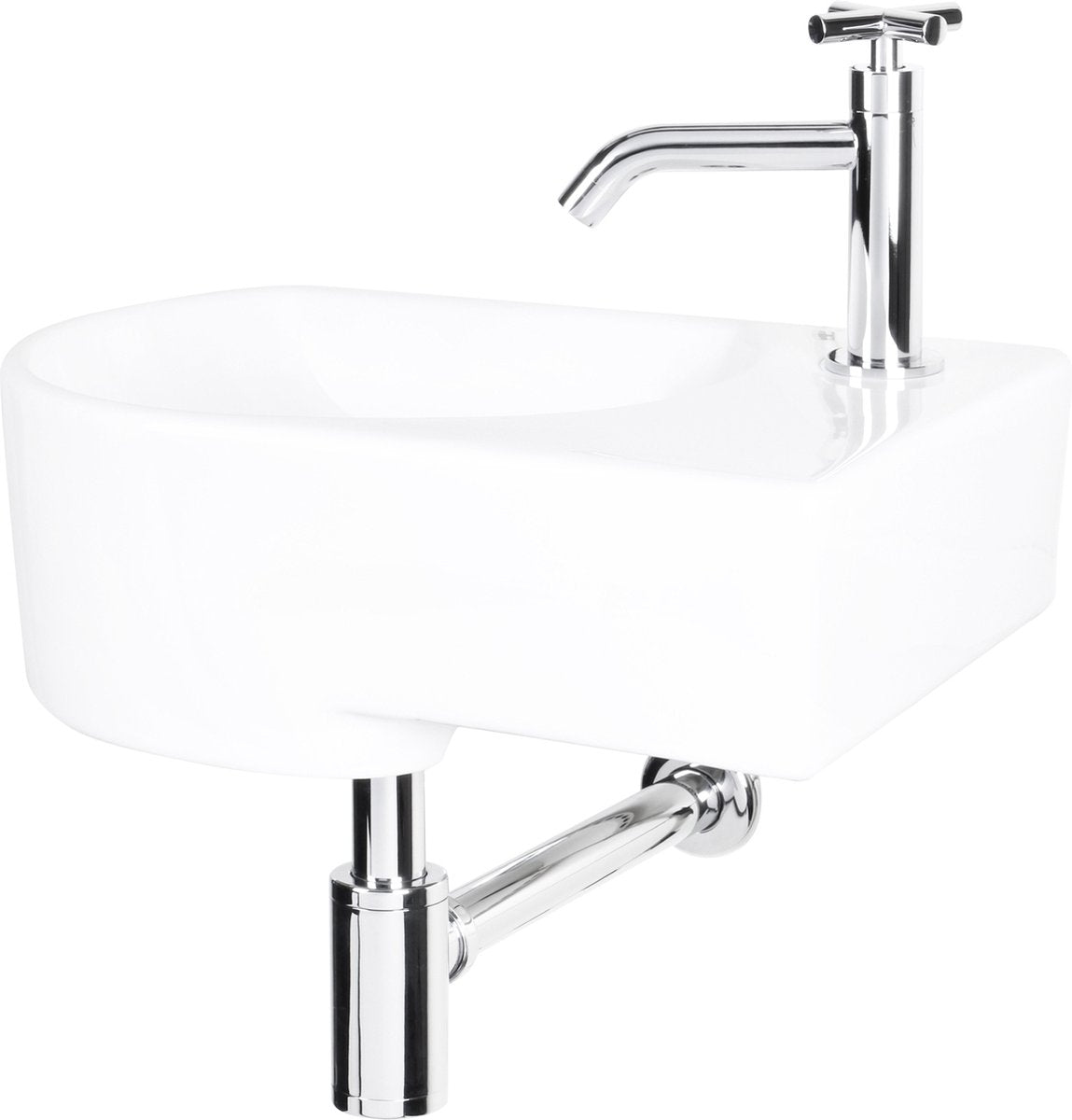 Differnz apollo fonteinset - fontein van keramiek met kraan in model gebogen kruis chroom rechts - inclusief koudwaterkraan, afvoerplug en sifon - afmetingen 41.5 x 27 x 14 cm - kleur wit