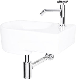 Differnz apollo fonteinset - fontein van keramiek met kraan in model gebogen kruis chroom rechts - inclusief koudwaterkraan, afvoerplug en sifon - afmetingen 41.5 x 27 x 14 cm - kleur wit