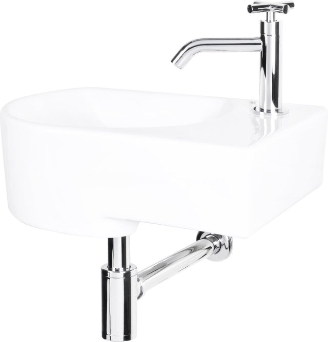 Differnz apollo fonteinset - fontein van keramiek met kraan in model gebogen kruis chroom rechts - inclusief koudwaterkraan, afvoerplug en sifon - afmetingen 41.5 x 27 x 14 cm - kleur wit
