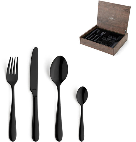 Amefa oxford zwart- 24-delige bestekset – 6 personen- in luxe houten cassette- premium pvd coating-hoogwaardig 18 10 chroomnikkelstaal