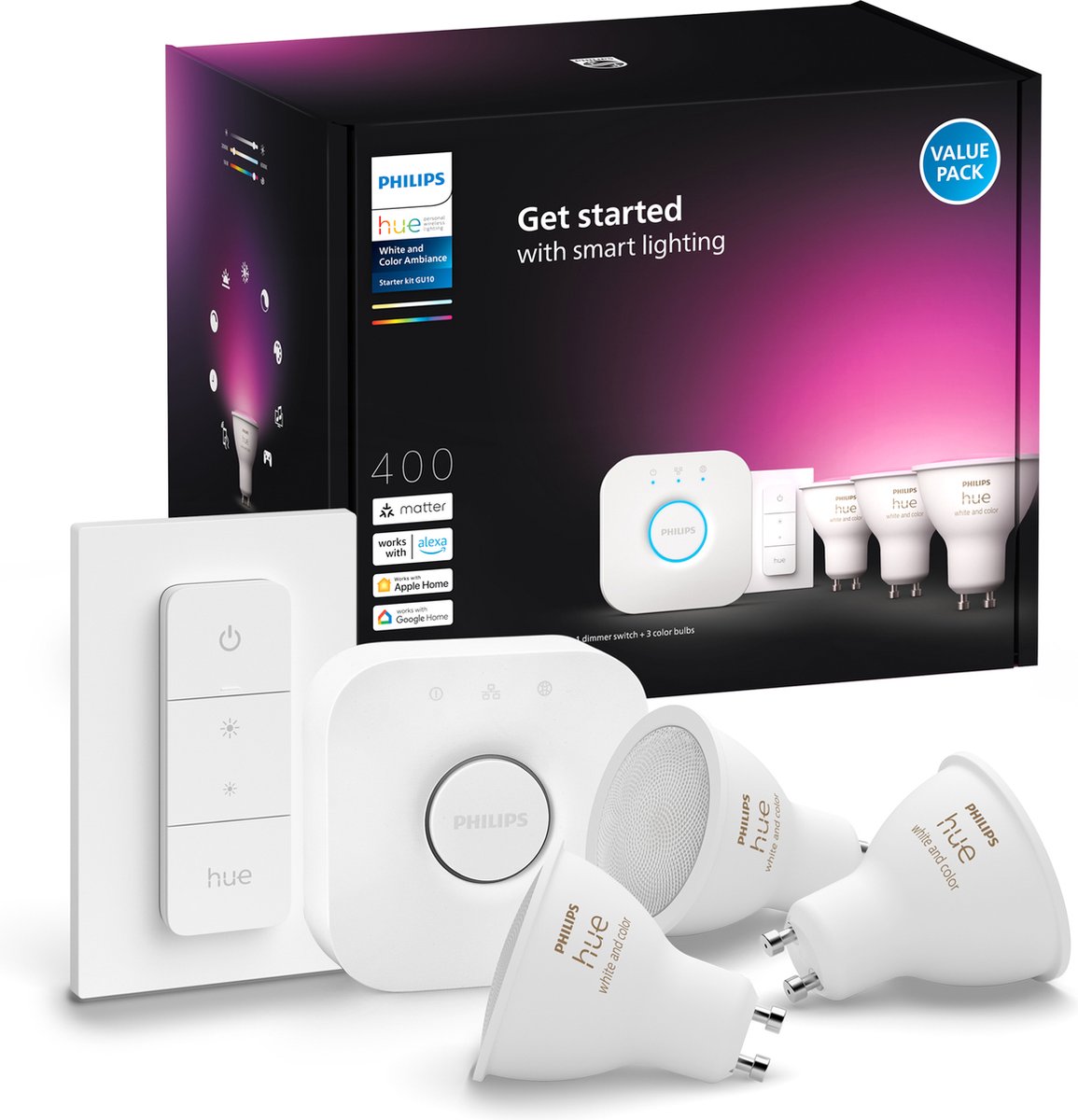 Philips hue starterkit - wit en gekleurd licht - 3 lampen - 1 dimmer switch - gu10