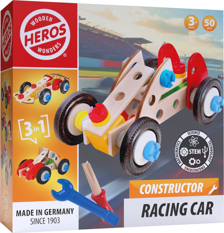 Heros constructor raceauto – constructiespeelgoed – 3-in-1 – 50 onderdelen – houten bouwset – fsc hout – gemaakt in duitsland – zelf bouwen – vanaf 4 jaar