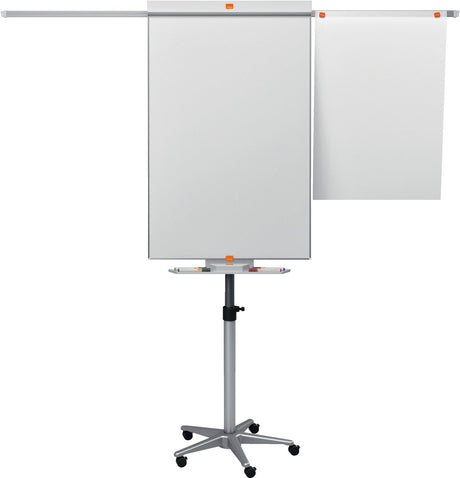 Nobo impression pro stalen mobiele flipover - met uitschuifbare armen en zwenkwielen- inclusief marker - wit