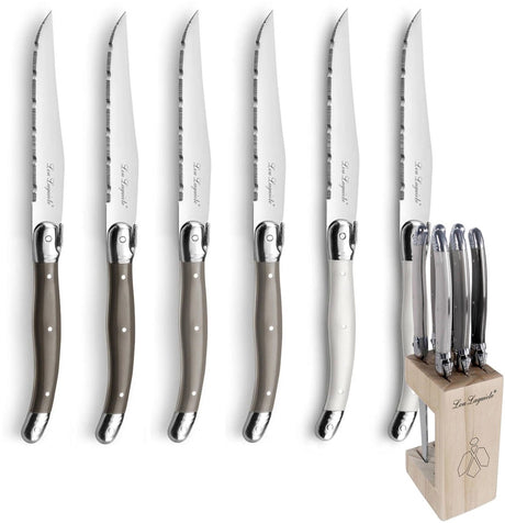 Lou laguiole ® 6-delige steakmessenset multicolour in houten messenblok – peper parelmoer taupe – vlijmscherp – micro-serration – 13 0 messenstaal – iconische laguiole-bij – cadeauverpakking