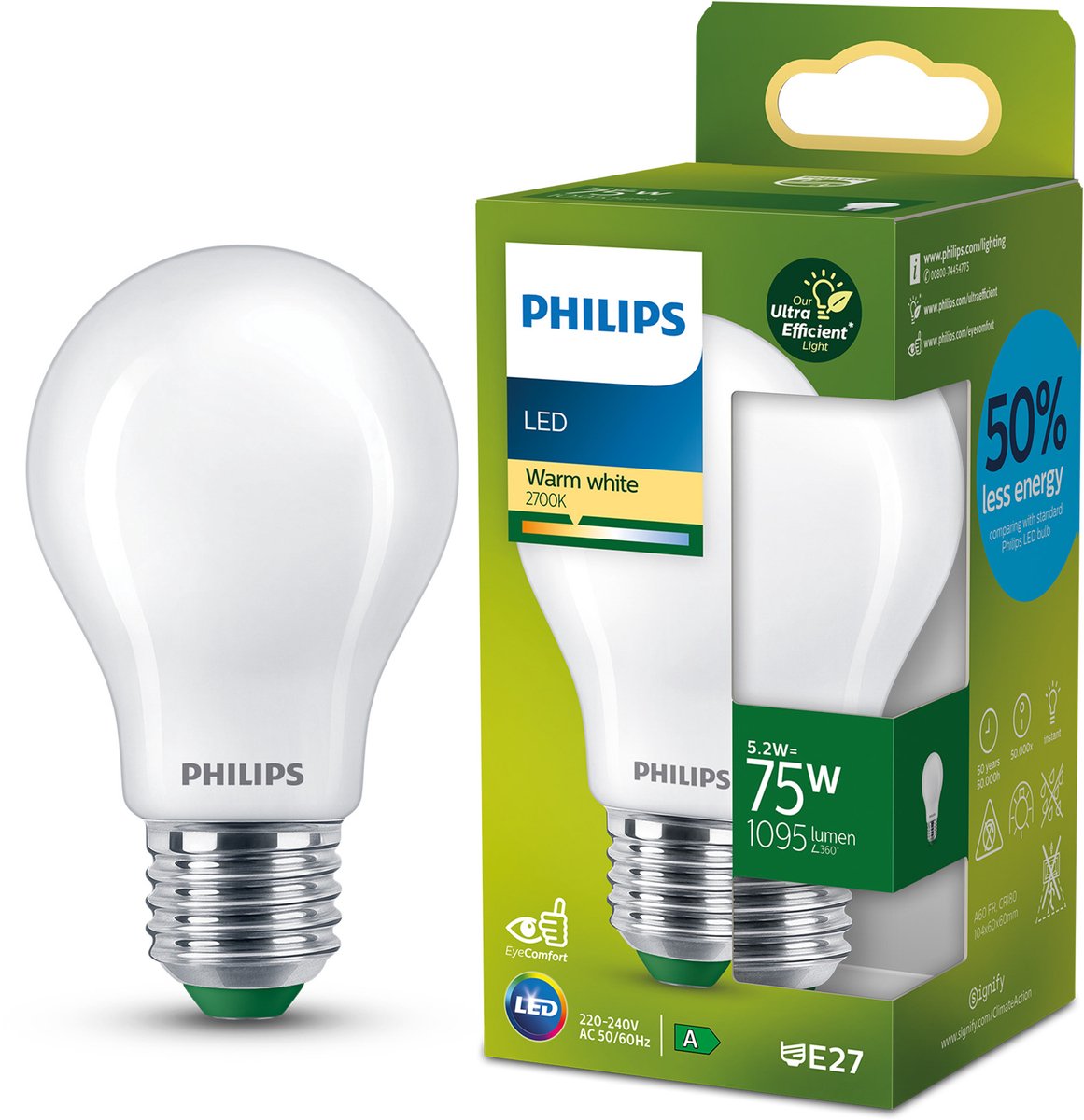Philips led philips ultraefficient led lamp - mat - 75w - e27 fitting - warmwit licht: 2700k - bespaar op energiekosten