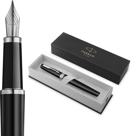 Parker meridian vulpen | matte zwarte lak met chromen afwerkingen | middelgrote penpunt | handschriftpennen schrijfwaren | blauwe inkt | luxe cadeaudoos