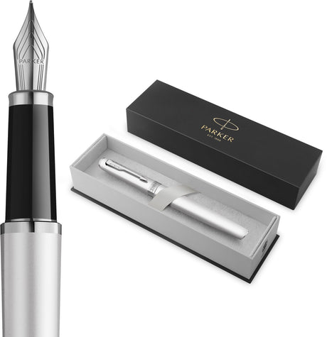 Parker meridian vulpen | chroomlak met chroomafwerkingen | fijne penpunt | handschriftpennen schrijfwaren | blauwe inkt | luxe cadeaudoos