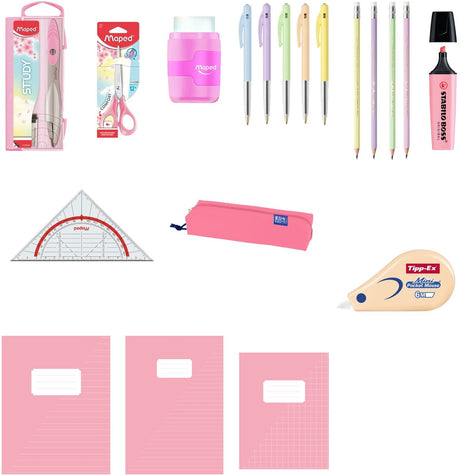 Diverse merken back to school - complete schoolset - schriften a4 a5, etui, schrijfwaren en geometrieset - pastel roze