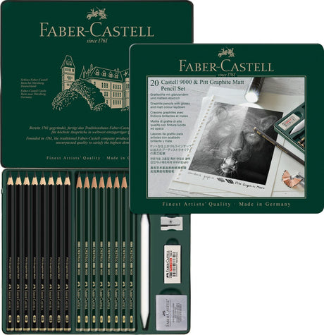 Faber-castell grafietpotloden - pitt mat en 9000 serie in blik - inclusief toebehoren - fc-115224