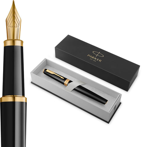 Parker meridian vulpen | zwarte lak met gouden accenten | middelgrote penpunt | handschriftpennen schrijfwaren | blauwe inkt | luxe cadeaudoos