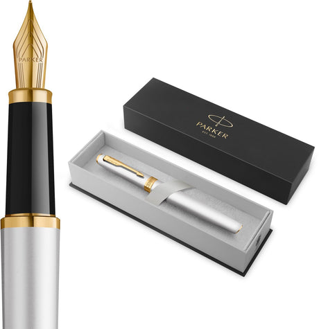 Parker meridian vulpen | chroomlak met gouden accenten | middelgrote penpunt | handschriftpennen schrijfwaren | blauwe inkt | luxe cadeaudoos