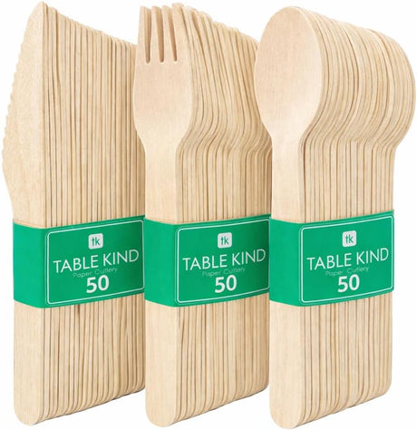Talking tables table kind houten bestek set 150 stuks – messen, vorken lepels – wegwerp bestek voor feest, bbq, camping catering – gemaakt in eu optional english line underneath:
