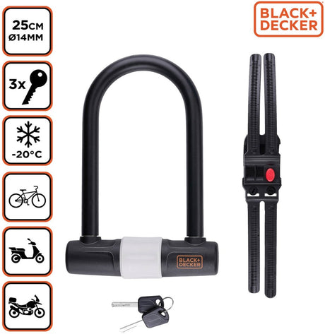 Black+decker beugelslot - fietsslot scooterslot motorslot - 14 x 25 cm - 3 reservesleutels